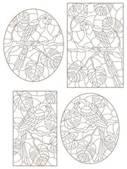 Set contour illustrations with birds parrots and leaves of tropical plants, dark contours on white background