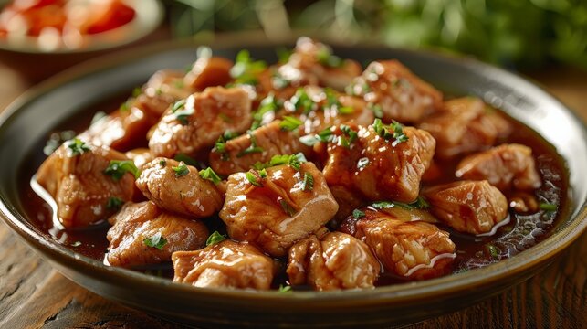 a Filipino adobo dish, chicken or pork in a savory soy sauce marinade, authentic style