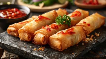 a Thai Spring Roll platter, crispy and golden with sweet chili sauce, appetizer dish - obrazy, fototapety, plakaty