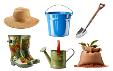 Essential Gardening Tools and Accessories Isolated on White Background