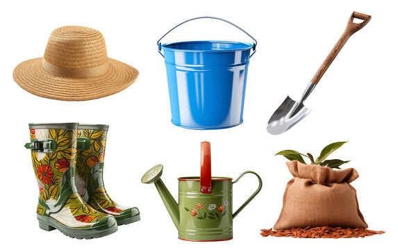 Essential Gardening Tools and Accessories Isolated on White Background