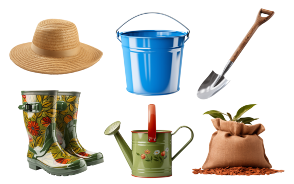 Essential Gardening Tools and Accessories Isolated on White Background