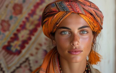 A multiracial woman with a turban on her head