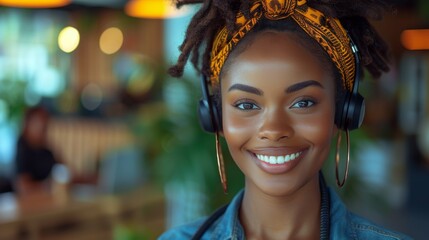 A multiracial woman wearing headphones and smiling directly at the camera