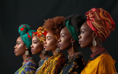 Diverse group of African women standing together, each wearing vibrant head wraps as part of their cultural attire - obrazy, fototapety, plakaty