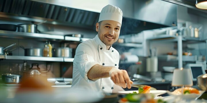 Smiling professional chef garnishing dish in modern restaurant kitchen, culinary art captured in bright style. AI