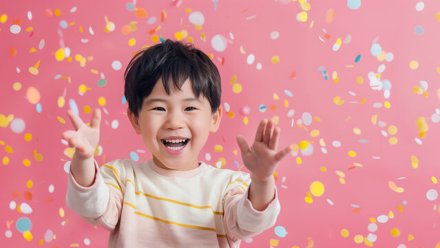 Happy birthday, boy with confetti for party on pink background
