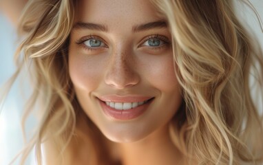 A close up of a multiracial woman with striking blue eyes looking directly at the camera - Powered by Adobe