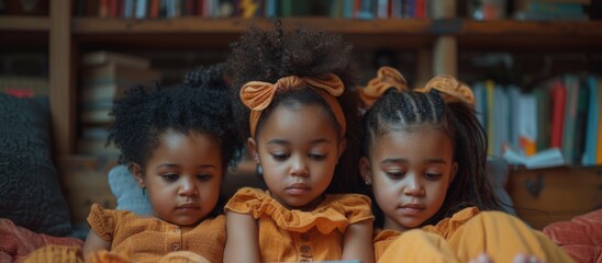 Three young girls of different ethnicities are seated on a bed, engrossed in content displayed on a tablet screen