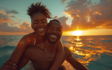 A multiracial man and woman are standing on the back of a boat as it cruises along the water - obrazy, fototapety, plakaty