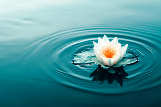 A serene and minimalist scene capturing a single lotus flower floating gracefully on the surface of tranquil, still water.