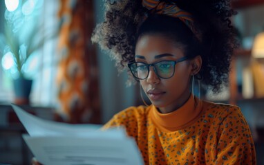 A multiracial woman wearing glasses is focused on reading a piece of paper - obrazy, fototapety, plakaty