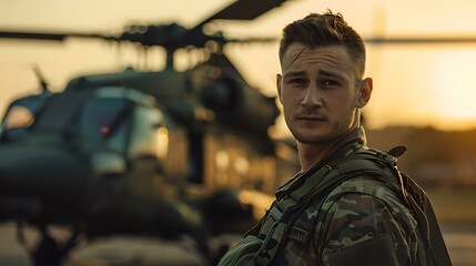 Confident soldier in uniform standing before a military helicopter at sunset. professional and heroic imagery. AI - obrazy, fototapety, plakaty