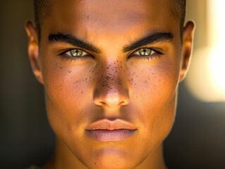 A multiracial man with freckled hair and piercing green eyes looking directly at the camera - Powered by Adobe