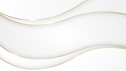 Abstract white luxury background with wavy paper and golden line, shadow and sparkling light. Elegant template design for banner, presentation, poster, card, vector illustration.