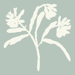 Handmade linocut sprig wildflower vector motif clipart in folkart scandi style. Simple monochrome block print shapes with woodcut white chic effect.