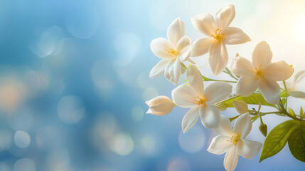 Beautiful white jasmine flowers on sunny spring bokeh blue sky background with copy space for text....