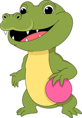 illustration of a cute cartoon animal doodle emblem, a green crocodile standing with a sports ball