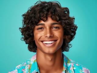 Multiracial man with curly hair wearing a blue shirt - Powered by Adobe