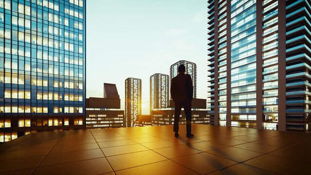 Rear View Businessman Standing on Rooftop of a Skyscraper in Downtown or City Center at Sunset 3D Animation Rendering.
