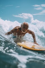 Active senior man surfing at the ocean. An elderly man experiencing the exhilaration of surfing.