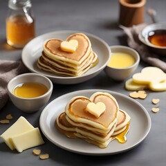Fototapeta na wymiar Heart Shape Pancake, Pancakes With Honey, Berries, Butter