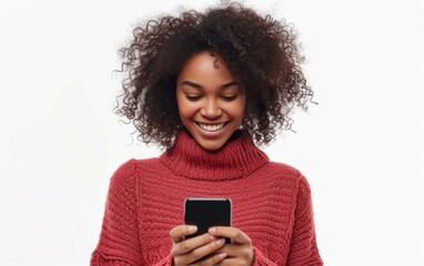 A multiracial woman wearing a red sweater focused on her cell phone screen - obrazy, fototapety, plakaty