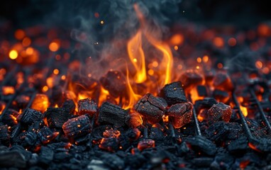 A detailed view of a grill with glowing hot coals ready for cooking