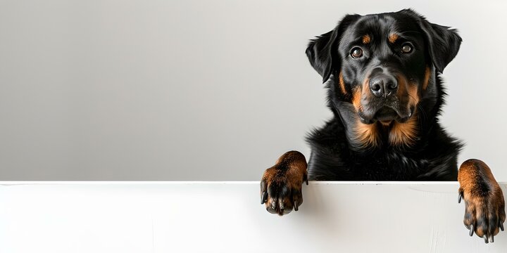 Curious rottweiler peering over a ledge. studio style pet portraiture. ideal for ads and posters. captivating canine expression. plentiful copy space. AI