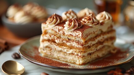 a Tiramisu dessert, layers of coffee-soaked ladyfingers and mascarpone, Italian cake elegance - Powered by Adobe