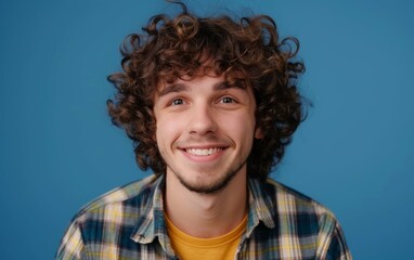 A multiracial man with curly hair smiling at the camera - Powered by Adobe