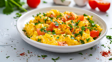 Scrambled eggs with vegetables on white plate