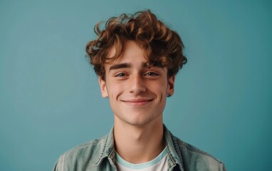 A multiracial young man with curly hair is smiling directly at the camera, exuding a friendly and approachable demeanor - obrazy, fototapety, plakaty
