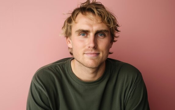 A multiracial man wearing a green shirt poses for a picture in a casual stance