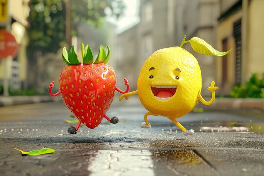 Naklejki two adorable fruit characters, a strawberry and a lemon, dash along the street in this charming image. With vibrant color and playful expressions, they bring joy and whimsy to the urban scene. running