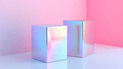 3d render of a holographic boxes on pink background