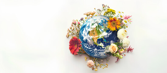 Earth, with a big bouquet of flower, white background