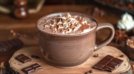 a French hot chocolate, rich and creamy, served in an elegant mug, stock photo aesthetic