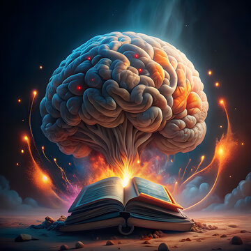 concept art of a human brain exploding with knowledge