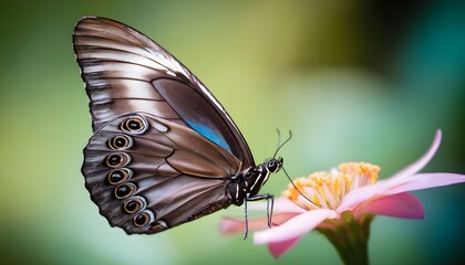 Blue and black morpho butterfly on a pink flower