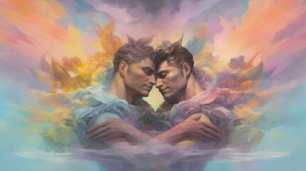 Two gay homosexual men hugging each other abstract colorful fine art painting - obrazy, fototapety, plakaty