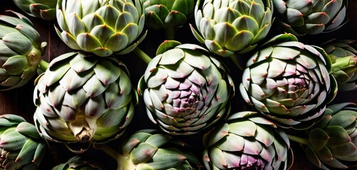 Fototapeta premium a bunch of artichokes sitting next to each other on top of a wooden table next to each other.
