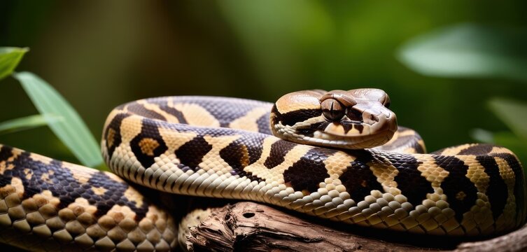a close up of a snake on a branch with a plant in the backgrouf of the picture.