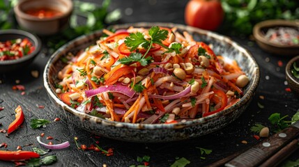 a Thai Som Tam (Papaya Salad), bright colors and fresh ingredients, authentic street food style