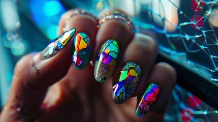 Vibrant holographic, futuristic nail art with a shattered glass effect on a hand, showcasing modern beauty trends, fashion, and creativity. Nail Studio Concept