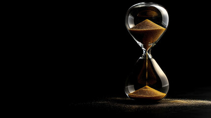 A striking hourglass with golden sand stands solemnly against a dark background, a poetic symbol of the fleeting nature of time. - obrazy, fototapety, plakaty