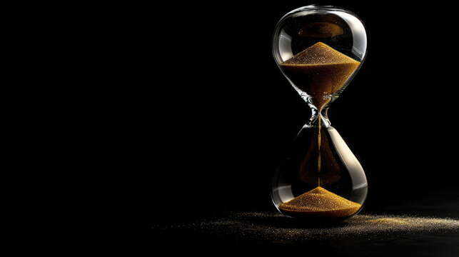 A striking hourglass with golden sand stands solemnly against a dark background, a poetic symbol of the fleeting nature of time.