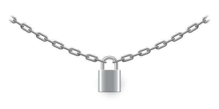 Padlock and chain vector illustration. Steel silver lock with link isolated on white background. Secure privacy and business information. Personal data protection. Safety concept