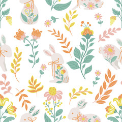 
Seamless pattern with folk art design elements. Folk vector illustration with hares and Easter eggs on a white background. Scandinavian traditional motif