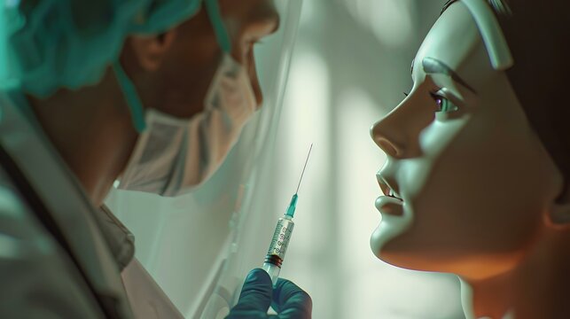 Close-up of a medical professional with syringe approaching patient. healthcare concept. dramatic lighting. modern clinical setting. AI